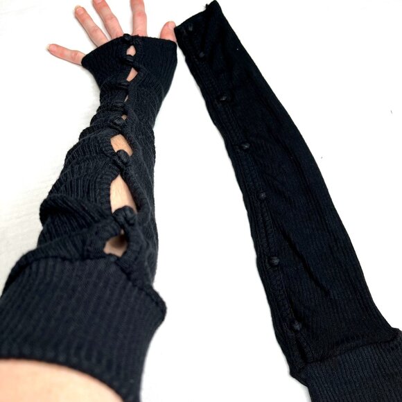 Long Arm Warmers Black Ribbed Button Sweater Knit Sleeves Elbow Length Covers OS - Picture 3 of 7